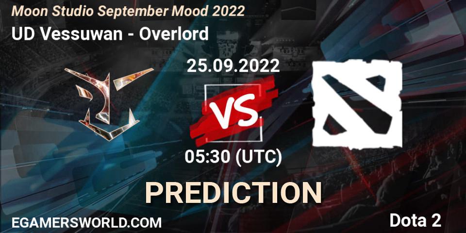 Prognose für das Spiel UD Vessuwan VS Overlord. 25.09.2022 at 05:46. Dota 2 - Moon Studio September Mood 2022