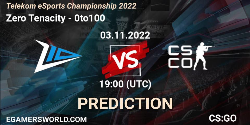 Prognose für das Spiel Zero Tenacity VS 0to100. 03.11.2022 at 19:00. Counter-Strike (CS2) - Telekom eSports Championship 2022