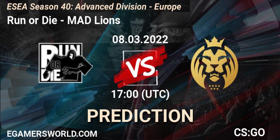 Prognose für das Spiel Run or Die VS MAD Lions. 10.03.2022 at 17:00. Counter-Strike (CS2) - ESEA Season 40: Advanced Division - Europe