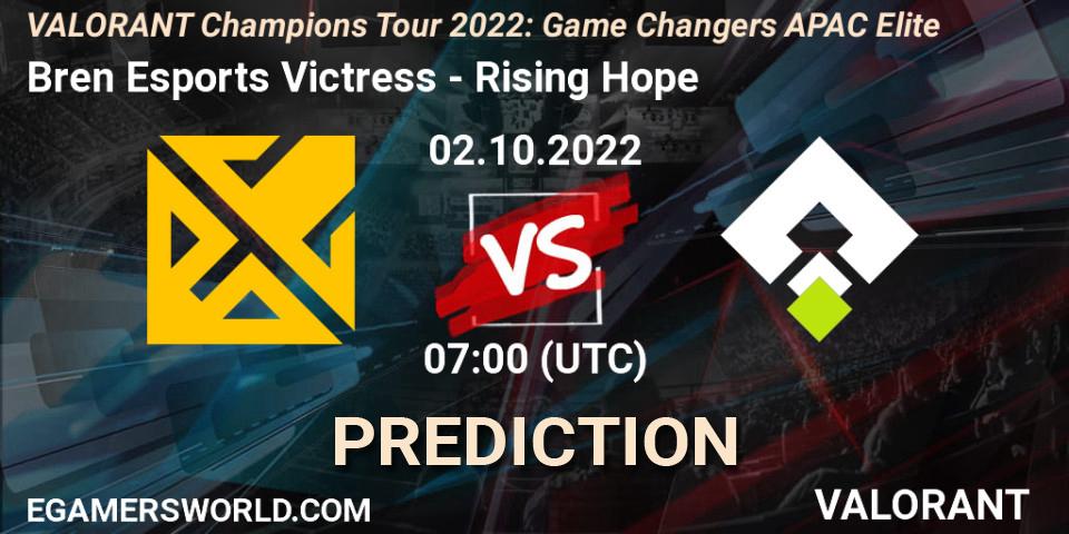 Prognose für das Spiel Bren Esports Victress VS Rising Hope. 02.10.2022 at 08:00. VALORANT - VCT 2022: Game Changers APAC Elite