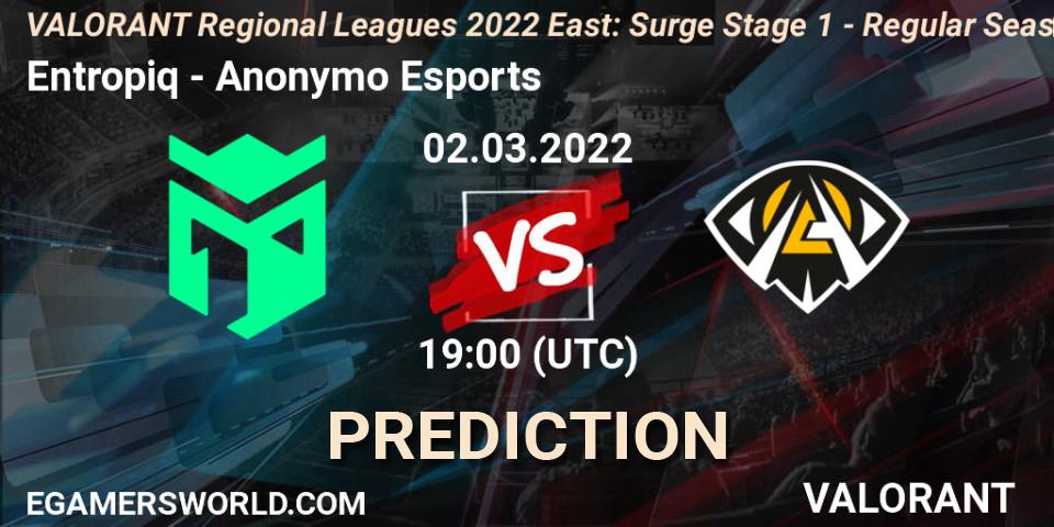 Prognose für das Spiel Entropiq VS Anonymo Esports. 02.03.2022 at 19:00. VALORANT - VALORANT Regional Leagues 2022 East: Surge Stage 1 - Regular Season