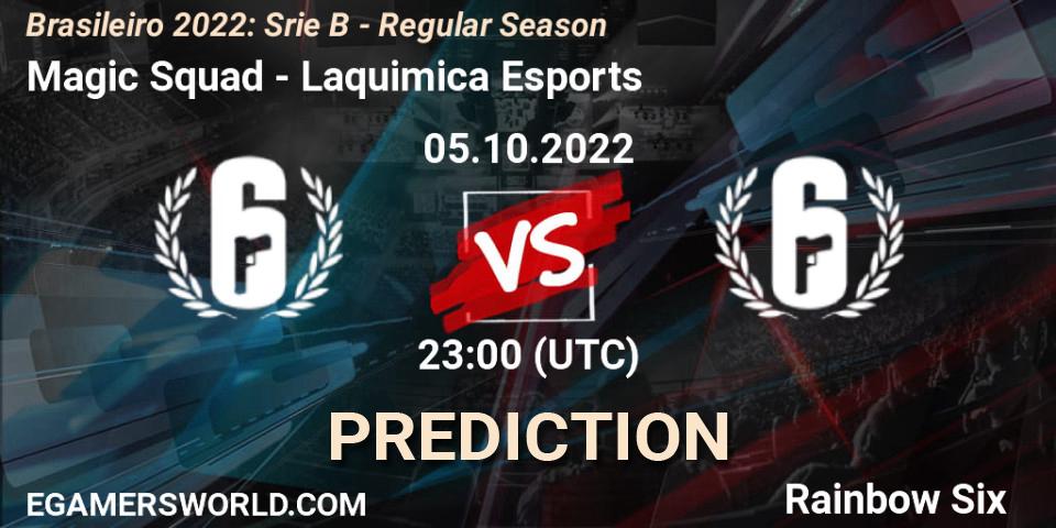 Prognose für das Spiel Magic Squad VS Laquimica Esports. 05.10.2022 at 23:00. Rainbow Six - Brasileirão 2022: Série B - Regular Season