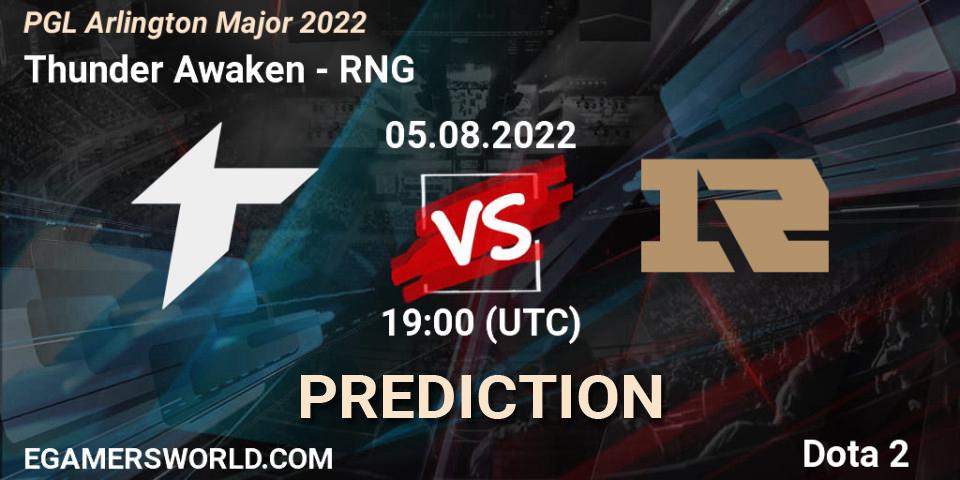 Prognose für das Spiel Thunder Awaken VS RNG. 05.08.2022 at 20:07. Dota 2 - PGL Arlington Major 2022 - Group Stage