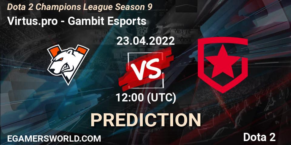 Prognose für das Spiel Virtus.pro VS Gambit Esports. 23.04.2022 at 12:00. Dota 2 - Dota 2 Champions League Season 9