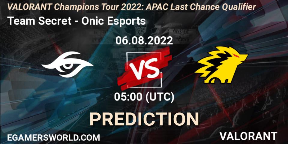Prognose für das Spiel Team Secret VS Onic Esports. 06.08.2022 at 05:00. VALORANT - VCT 2022: APAC Last Chance Qualifier
