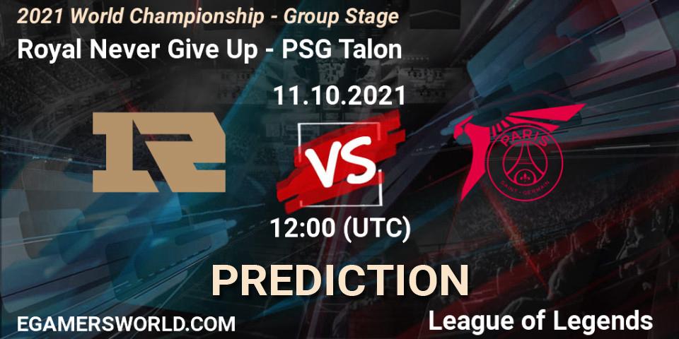 Prognose für das Spiel Royal Never Give Up VS PSG Talon. 11.10.2021 at 12:00. LoL - 2021 World Championship - Group Stage
