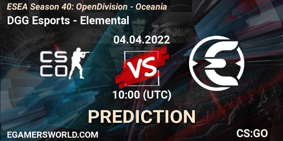 Prognose für das Spiel DGG Esports VS Elemental. 04.04.2022 at 10:00. Counter-Strike (CS2) - ESEA Season 40: Open Division - Oceania