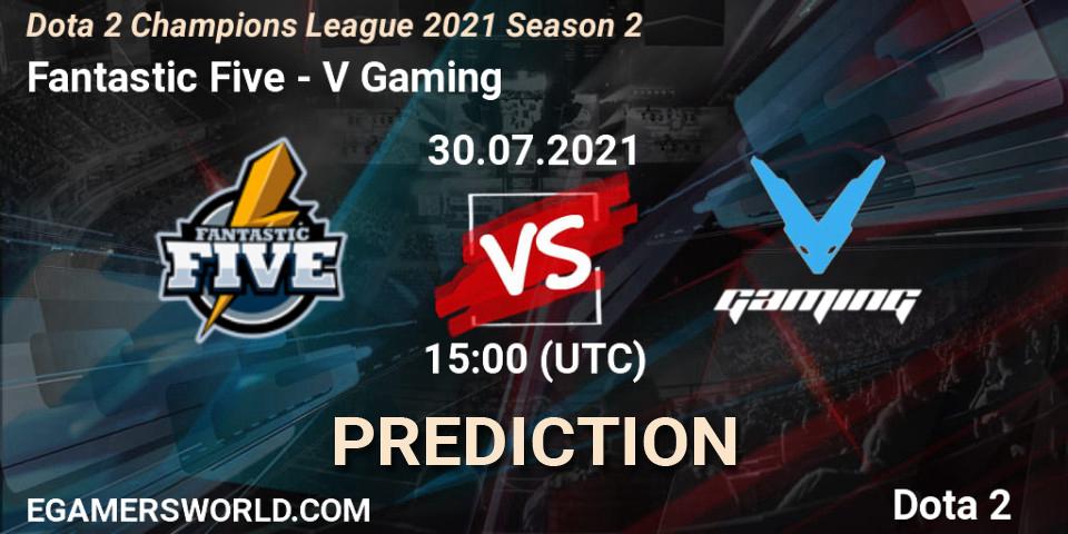 Prognose für das Spiel Fantastic Five VS V Gaming. 30.07.2021 at 15:26. Dota 2 - Dota 2 Champions League 2021 Season 2