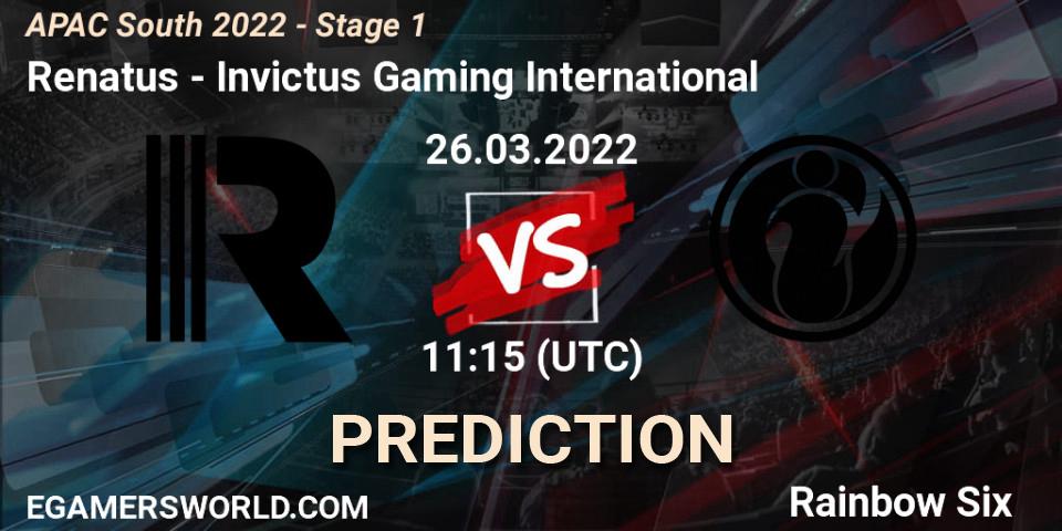 Prognose für das Spiel Renatus VS Invictus Gaming International. 26.03.2022 at 11:15. Rainbow Six - APAC South 2022 - Stage 1