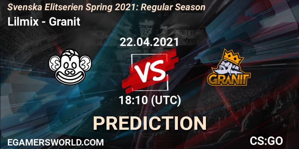 Prognose für das Spiel Lilmix VS Granit. 22.04.2021 at 18:10. Counter-Strike (CS2) - Svenska Elitserien Spring 2021: Regular Season