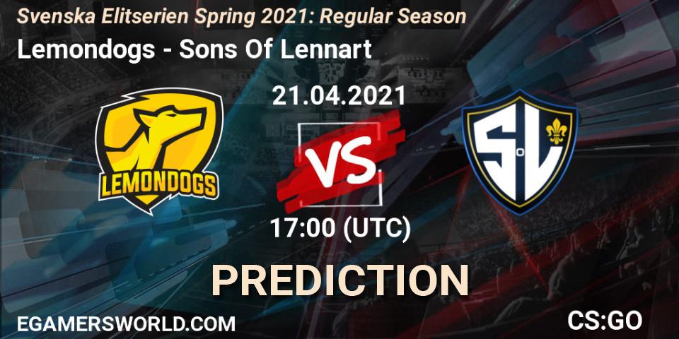 Prognose für das Spiel Lemondogs VS Sons Of Lennart. 21.04.2021 at 17:00. Counter-Strike (CS2) - Svenska Elitserien Spring 2021: Regular Season