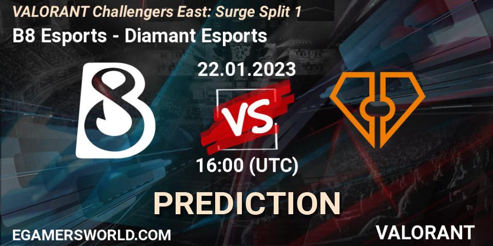 Prognose für das Spiel B8 Esports VS Diamant Esports. 22.01.23. VALORANT - VALORANT Challengers 2023 East: Surge Split 1