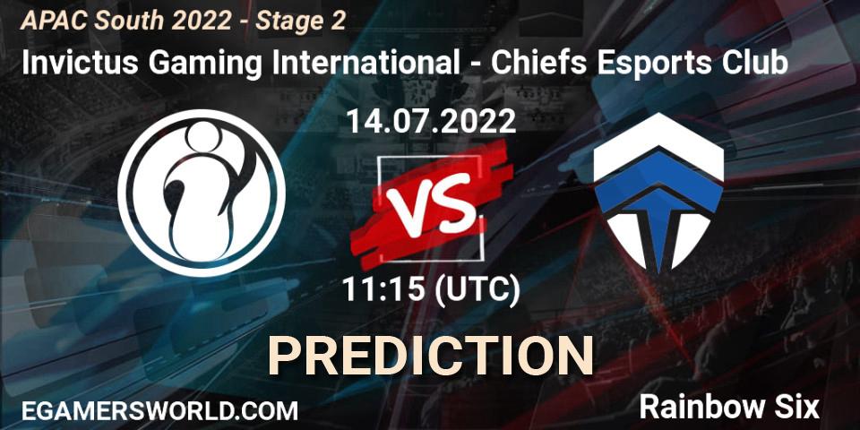 Prognose für das Spiel Invictus Gaming International VS Chiefs Esports Club. 14.07.2022 at 11:15. Rainbow Six - APAC South 2022 - Stage 2