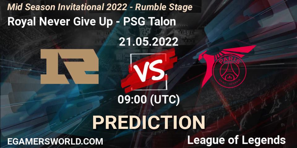 Prognose für das Spiel Royal Never Give Up VS PSG Talon. 21.05.2022 at 09:00. LoL - Mid Season Invitational 2022 - Rumble Stage