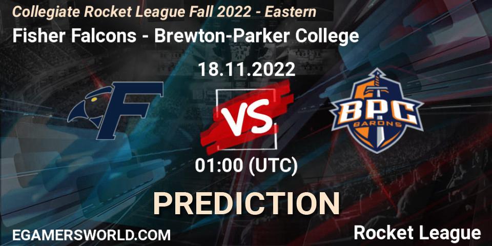 Prognose für das Spiel Fisher Falcons VS Brewton-Parker College. 18.11.2022 at 01:00. Rocket League - Collegiate Rocket League Fall 2022 - Eastern