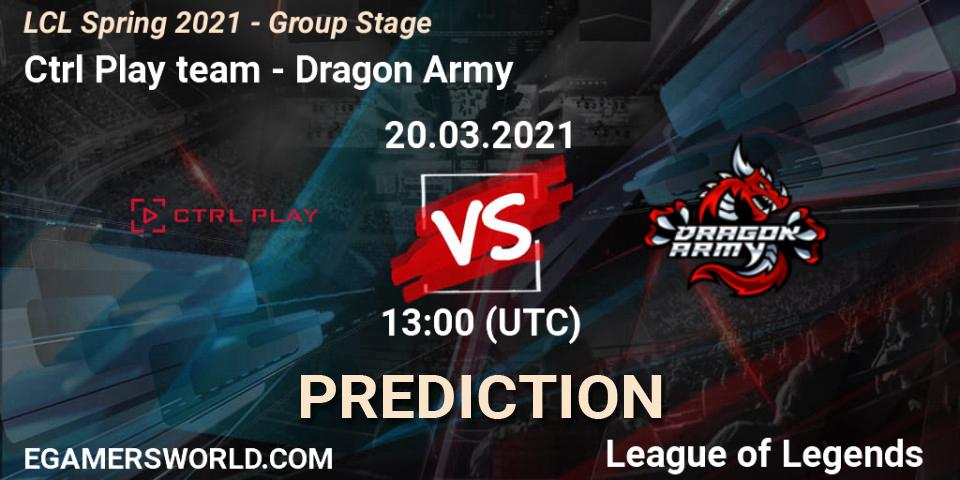 Prognose für das Spiel Ctrl Play team VS Dragon Army. 20.03.2021 at 13:00. LoL - LCL Spring 2021 - Group Stage