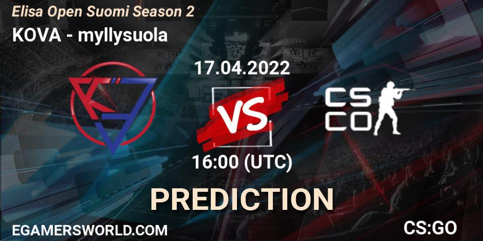 Prognose für das Spiel KOVA VS myllysuola. 17.04.2022 at 16:00. Counter-Strike (CS2) - Elisa Open Suomi Season 2