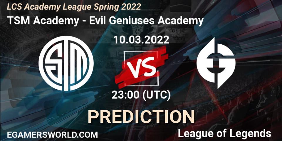 Prognose für das Spiel TSM Academy VS Evil Geniuses Academy. 10.03.2022 at 23:00. LoL - LCS Academy League Spring 2022