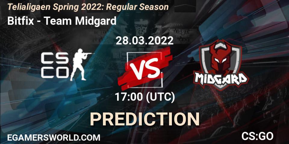 Prognose für das Spiel Bitfix VS Team Midgard. 03.04.2022 at 18:00. Counter-Strike (CS2) - Telialigaen Spring 2022: Regular Season