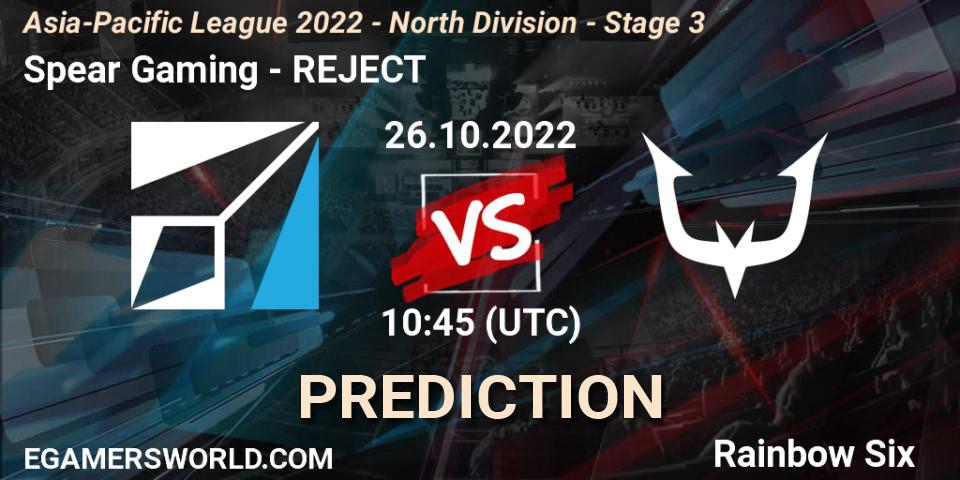 Prognose für das Spiel Spear Gaming VS REJECT. 26.10.2022 at 10:45. Rainbow Six - Asia-Pacific League 2022 - North Division - Stage 3