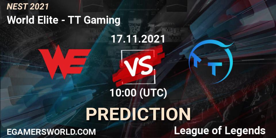 Prognose für das Spiel TT Gaming VS World Elite. 17.11.2021 at 10:05. LoL - NEST 2021