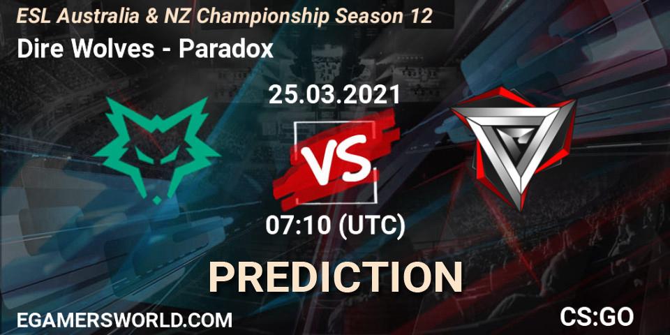 Prognose für das Spiel Dire Wolves VS Paradox. 25.03.2021 at 07:10. Counter-Strike (CS2) - ESL Australia & NZ Championship Season 12