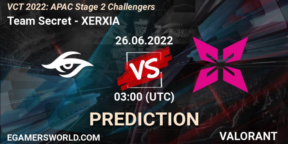 Prognose für das Spiel Team Secret VS XERXIA. 26.06.2022 at 03:00. VALORANT - VCT 2022: APAC Stage 2 Challengers