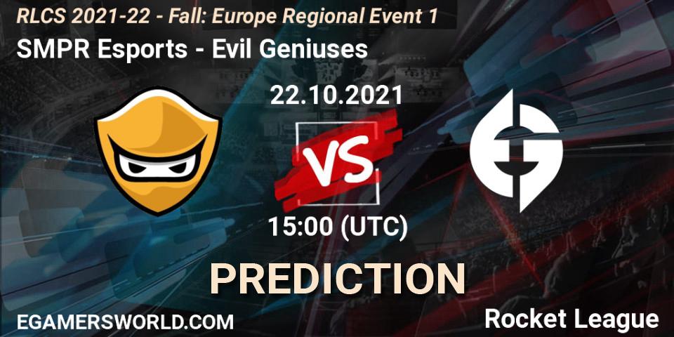 Prognose für das Spiel SMPR Esports VS Evil Geniuses. 22.10.2021 at 15:00. Rocket League - RLCS 2021-22 - Fall: Europe Regional Event 1