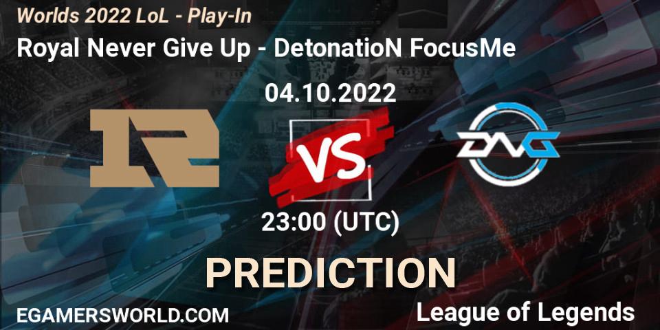 Prognose für das Spiel Royal Never Give Up VS DetonatioN FocusMe. 04.10.2022 at 21:00. LoL - Worlds 2022 LoL - Play-In