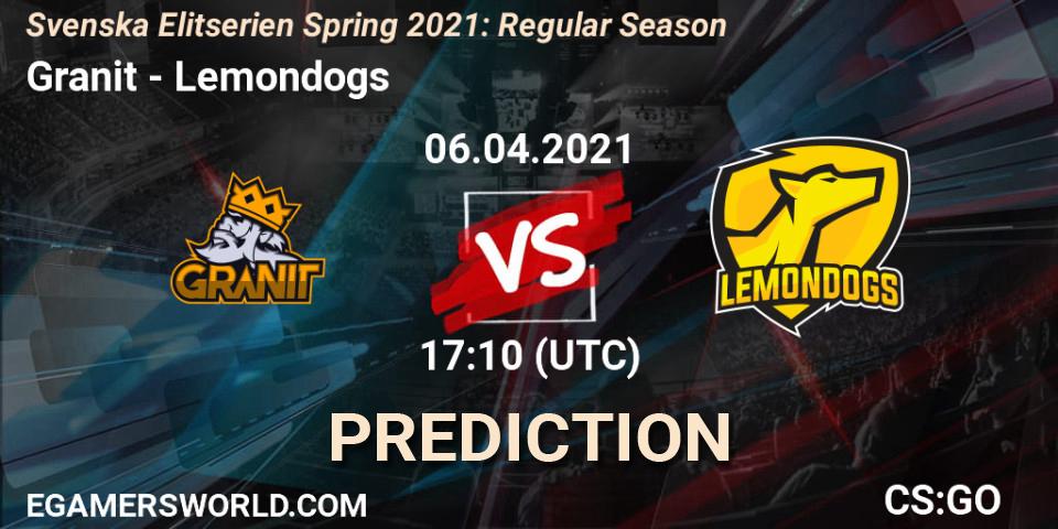 Prognose für das Spiel Granit VS Lemondogs. 06.04.2021 at 17:10. Counter-Strike (CS2) - Svenska Elitserien Spring 2021: Regular Season