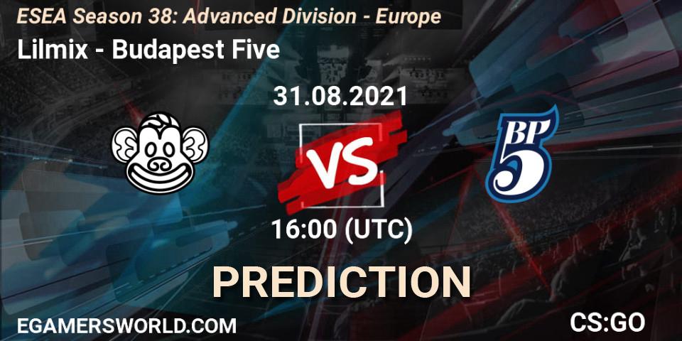 Prognose für das Spiel Lilmix VS Budapest Five. 31.08.2021 at 16:00. Counter-Strike (CS2) - ESEA Season 38: Advanced Division - Europe