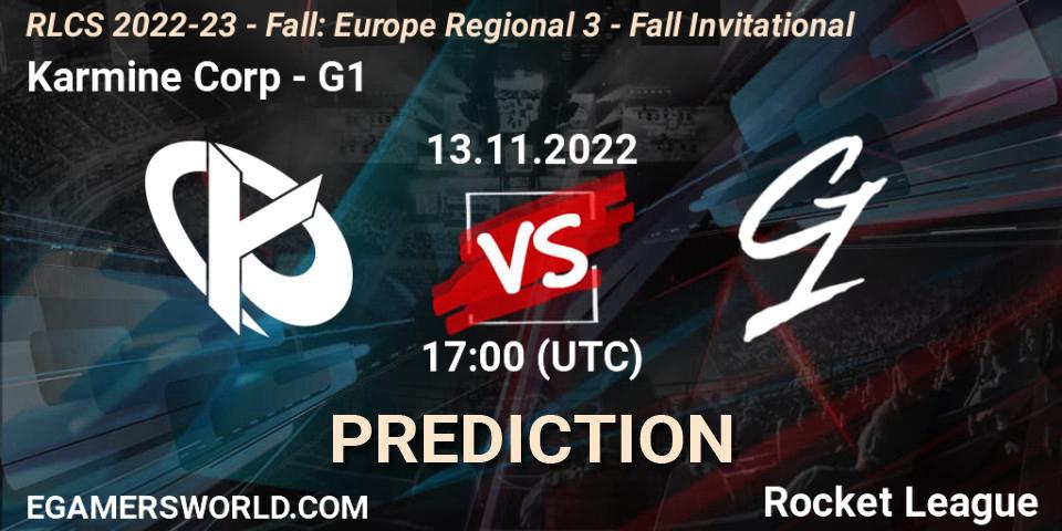 Prognose für das Spiel Karmine Corp VS G1. 13.11.2022 at 16:55. Rocket League - RLCS 2022-23 - Fall: Europe Regional 3 - Fall Invitational