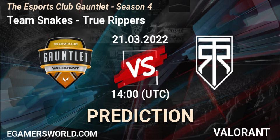 Prognose für das Spiel Team Snakes VS True Rippers. 21.03.2022 at 14:00. VALORANT - The Esports Club Gauntlet - Season 4