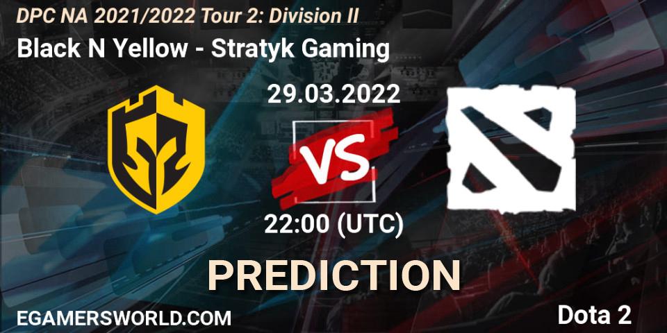 Prognose für das Spiel Black N Yellow VS Stratyk Gaming. 29.03.2022 at 21:56. Dota 2 - DP 2021/2022 Tour 2: NA Division II (Lower) - ESL One Spring 2022