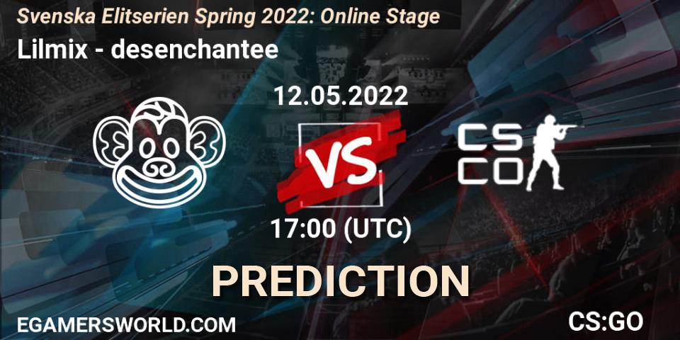 Prognose für das Spiel Lilmix VS desenchantee. 12.05.2022 at 17:00. Counter-Strike (CS2) - Svenska Elitserien Spring 2022: Online Stage
