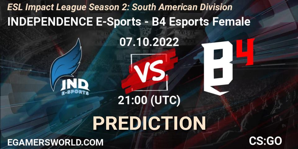 Prognose für das Spiel INDEPENDENCE E-Sports VS B4 Esports Female. 07.10.2022 at 21:00. Counter-Strike (CS2) - ESL Impact League Season 2: South American Division