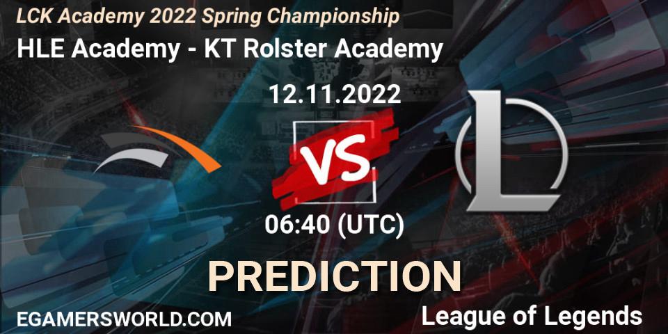 Prognose für das Spiel HLE Academy VS KT Rolster Academy. 12.11.2022 at 06:40. LoL - LCK Academy 2022 Spring Championship
