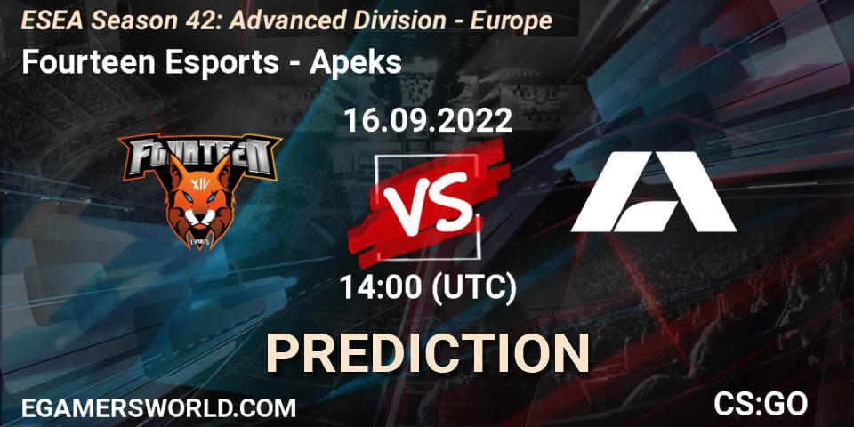Prognose für das Spiel Fourteen Esports VS Apeks. 16.09.22. CS2 (CS:GO) - ESEA Season 42: Advanced Division - Europe