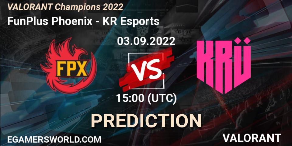 Prognose für das Spiel FunPlus Phoenix VS KRÜ Esports. 03.09.2022 at 15:00. VALORANT - VALORANT Champions 2022