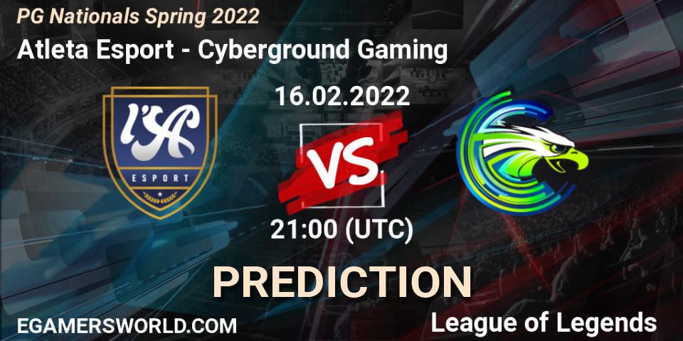 Prognose für das Spiel Atleta Esport VS Cyberground Gaming. 16.02.2022 at 21:00. LoL - PG Nationals Spring 2022