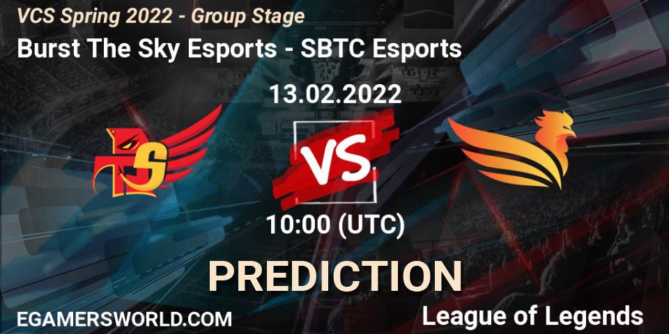Prognose für das Spiel Burst The Sky Esports VS SBTC Esports. 13.02.2022 at 10:00. LoL - VCS Spring 2022 - Group Stage 