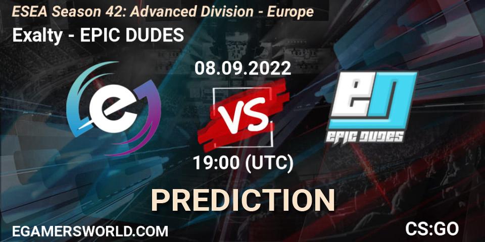 Prognose für das Spiel Exalty VS EPIC-DUDES. 08.09.2022 at 19:00. Counter-Strike (CS2) - ESEA Season 42: Advanced Division - Europe