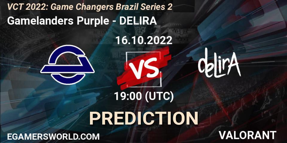 Prognose für das Spiel Gamelanders Purple VS DELIRA. 16.10.2022 at 18:30. VALORANT - VCT 2022: Game Changers Brazil Series 2