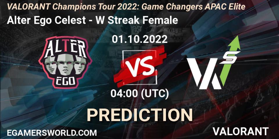 Prognose für das Spiel Alter Ego Celestè VS W Streak Female. 01.10.2022 at 04:00. VALORANT - VCT 2022: Game Changers APAC Elite
