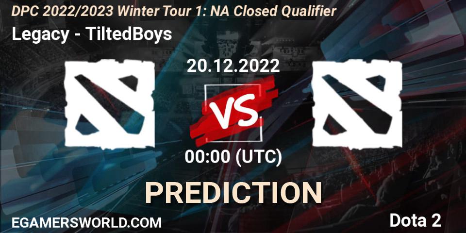 Prognose für das Spiel Legacy遗 VS TiltedBoys. 19.12.2022 at 23:23. Dota 2 - DPC 2022/2023 Winter Tour 1: NA Closed Qualifier