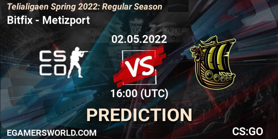 Prognose für das Spiel Bitfix VS Metizport. 02.05.2022 at 16:00. Counter-Strike (CS2) - Telialigaen Spring 2022: Regular Season