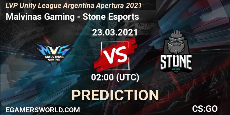 Prognose für das Spiel Malvinas Gaming VS Stone Esports. 23.03.2021 at 02:00. Counter-Strike (CS2) - LVP Unity League Argentina Apertura 2021