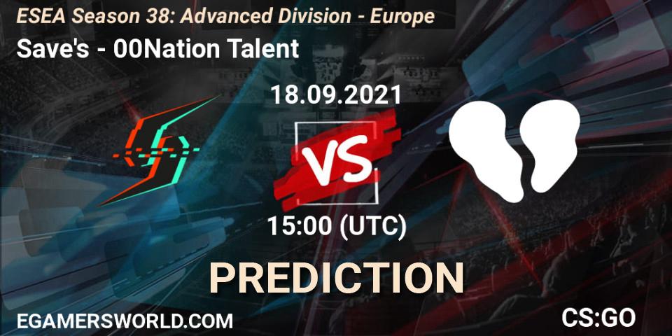 Prognose für das Spiel Save's VS 00Nation Talent. 18.09.2021 at 15:00. Counter-Strike (CS2) - ESEA Season 38: Advanced Division - Europe