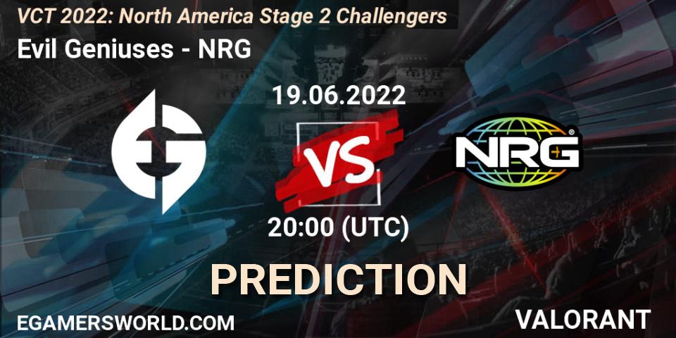 Prognose für das Spiel Evil Geniuses VS NRG. 19.06.22. VALORANT - VCT 2022: North America Stage 2 Challengers