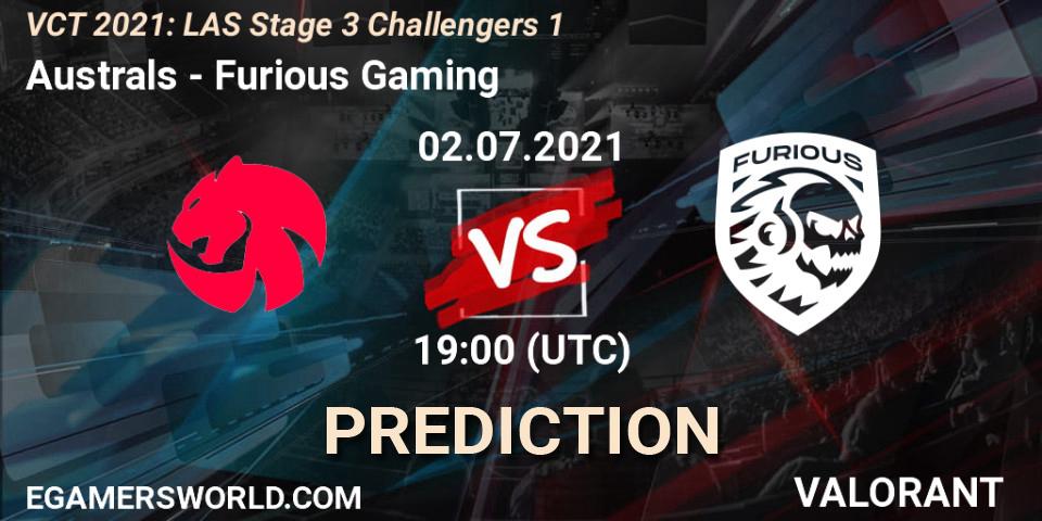 Prognose für das Spiel Australs VS Furious Gaming. 02.07.2021 at 19:00. VALORANT - VCT 2021: LAS Stage 3 Challengers 1